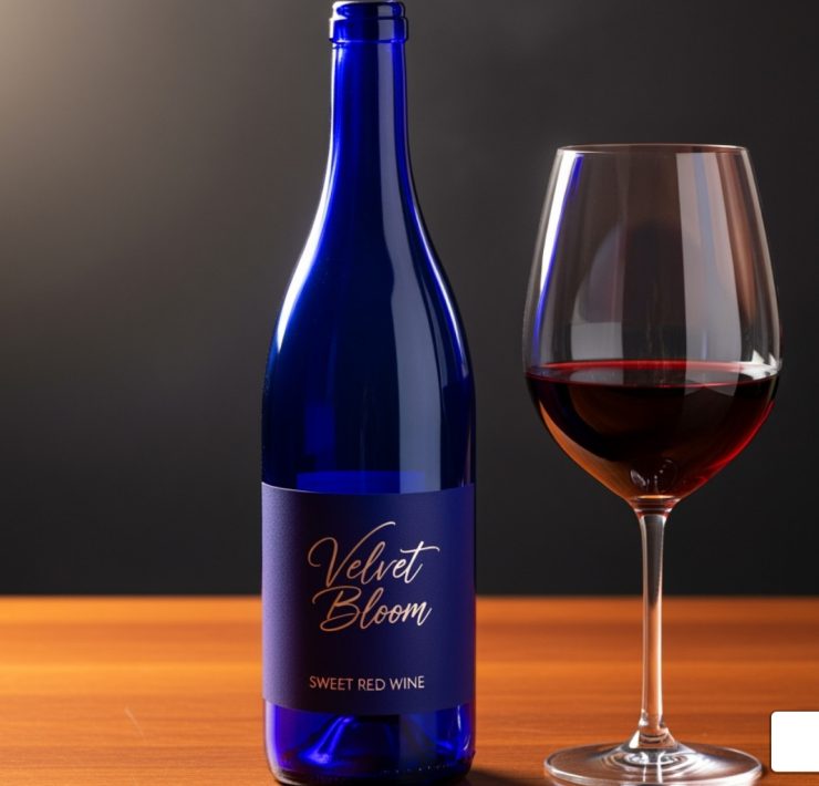 sweet red wine in blue bottle